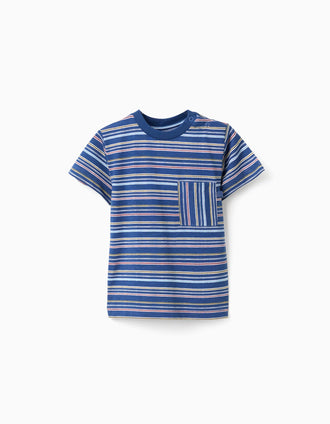 Striped cotton T-shirt with chest pocket for baby boys, multicolour
