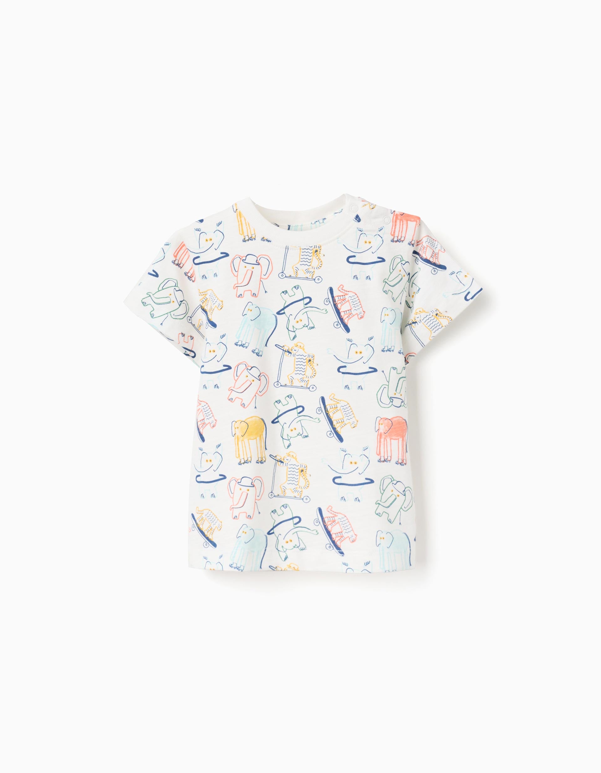T-shirt en coton avec motif éléphant et tigre pour bébé garçon, blanc