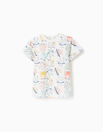 Cotton T-shirt with elephant and tiger motif for baby boys, white