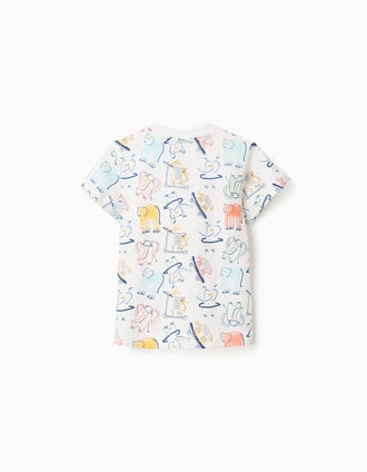 Cotton T-shirt with elephant and tiger motif for baby boys, white