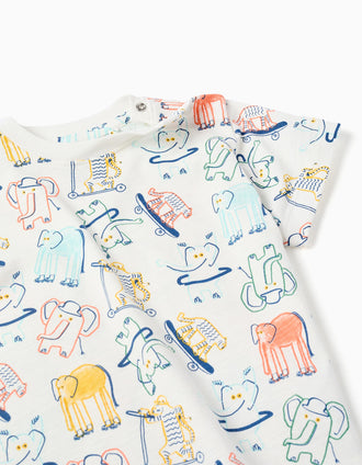 Cotton T-shirt with elephant and tiger motif for baby boys, white