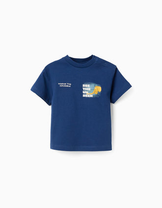 Cotton T-shirt with elephant print for baby boys, dark blue