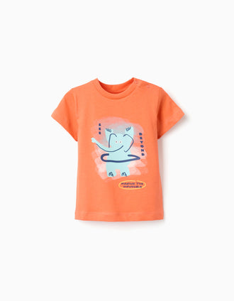 Cotton T-shirt with elephant print for baby boys, orange