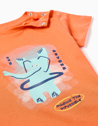 Cotton T-shirt with elephant print for baby boys, orange