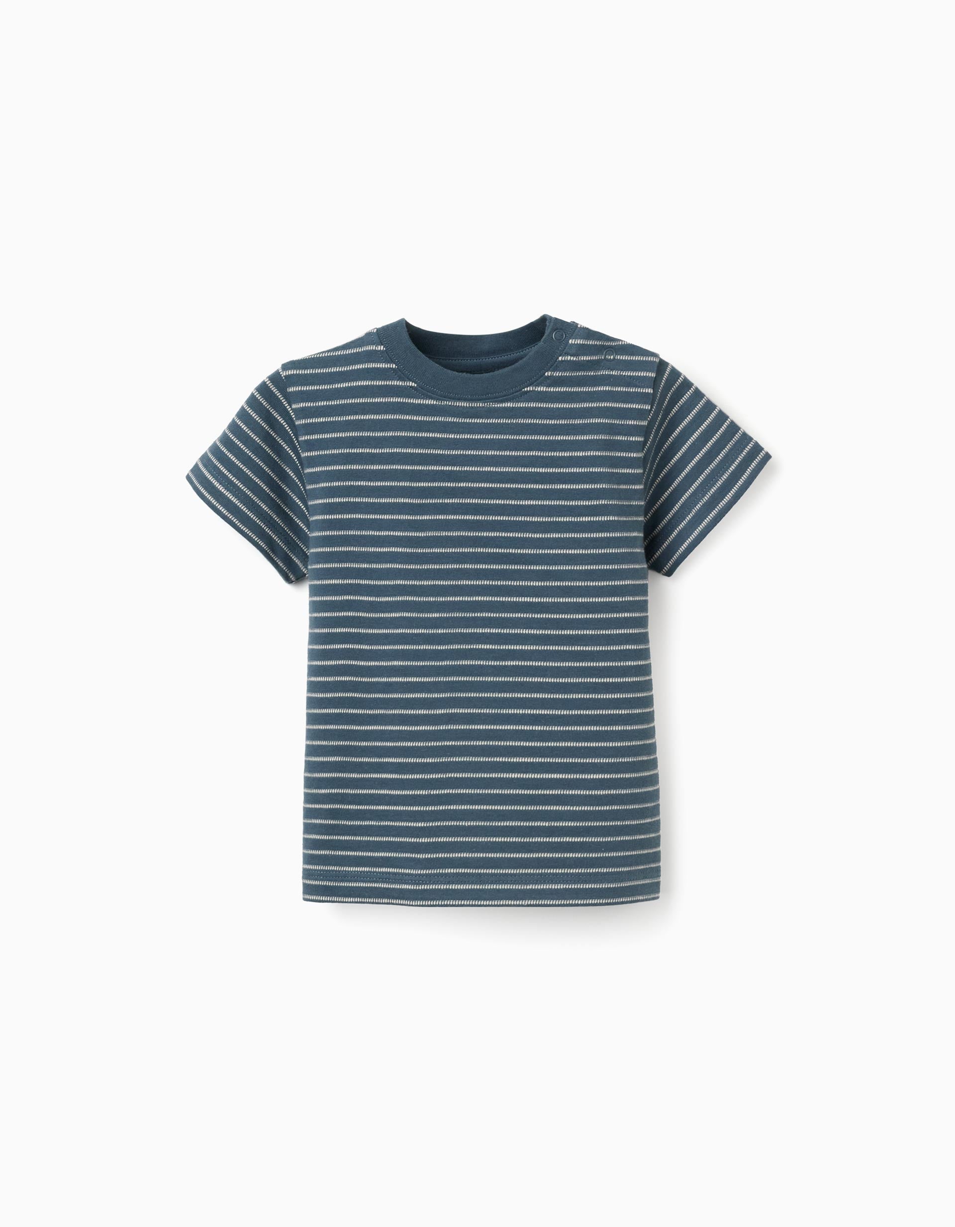 T-shirt de algodão com riscas em jacquard para bebé menino, azul/bege