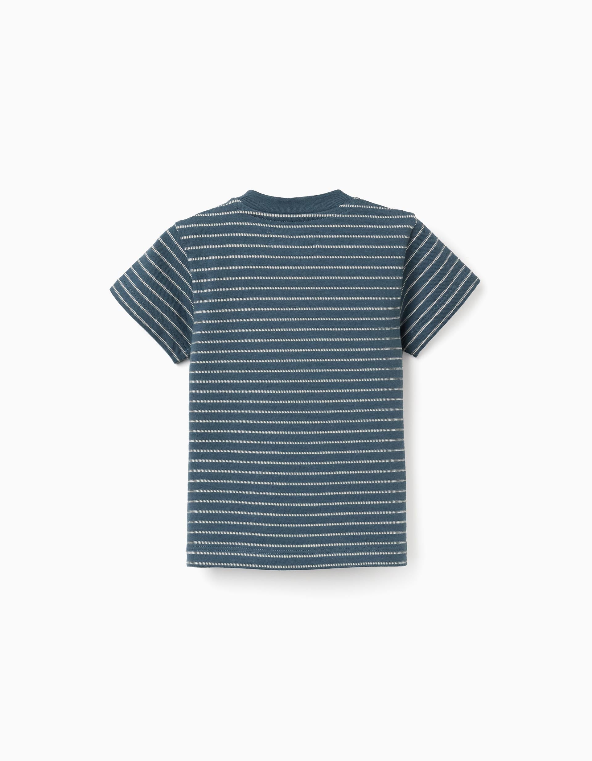 T-shirt de algodão com riscas em jacquard para bebé menino, azul/bege