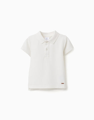 Polo de algodão canelado para bebé menino, branco