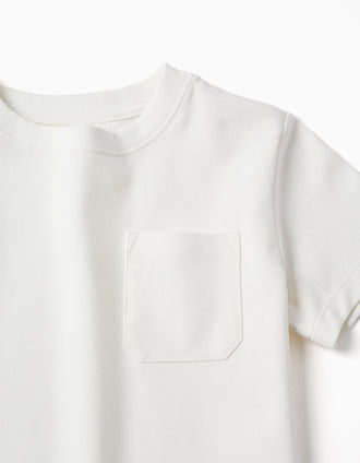 T-shirt en piqué de coton avec poche pour garçon, blanc