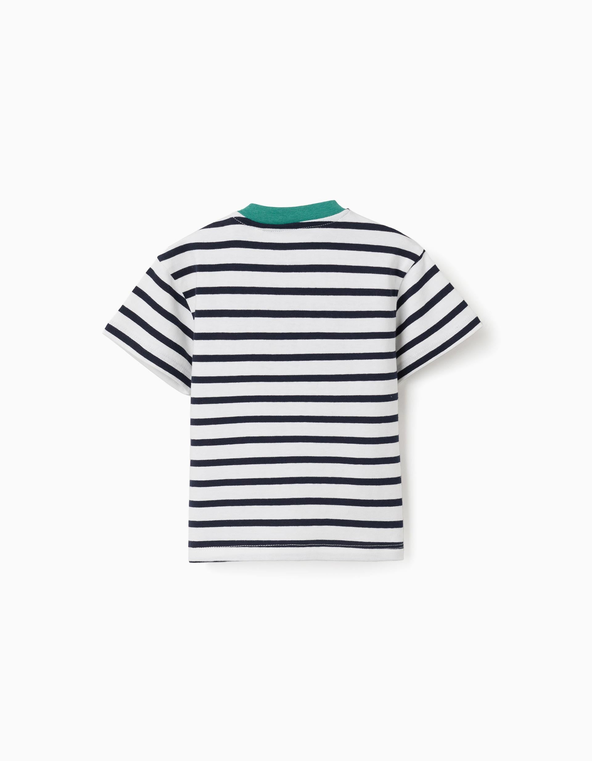 T-shirt en coton à rayures et imprimé pour bébé garçon, blanc/bleu/vert