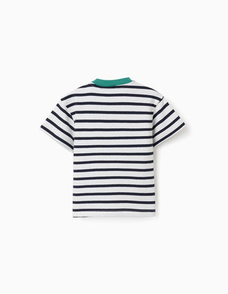 Striped cotton T-shirt with print for baby boys, white/blue/green