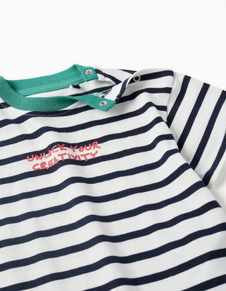 Striped cotton T-shirt with print for baby boys, white/blue/green
