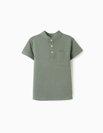 Polo de algodão com gola mao e bolso para menino, verde-escuro