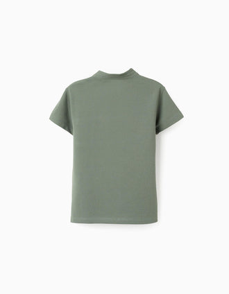 Polo de algodão com gola mao e bolso para menino, verde-escuro