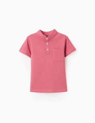 Cotton polo shirt with mao collar and pocket for boys, coral