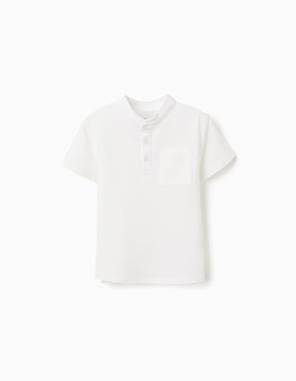 Cotton polo shirt with mao collar and pocket for boys, white