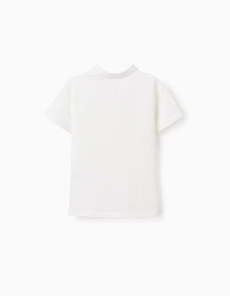 Cotton polo shirt with mao collar and pocket for boys, white