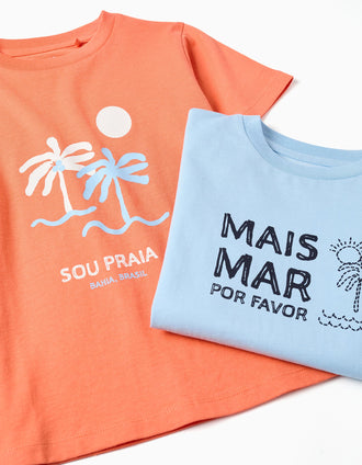 Pack of 2 cotton T-shirts with beach prints for boys, light blue/orange
