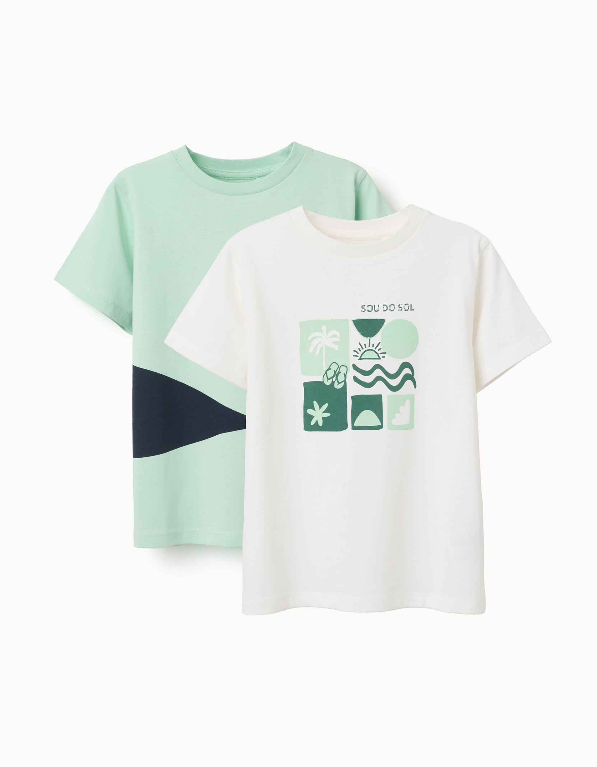 2 camisetas de algodón con estampados de playa para niño, verde/blanco