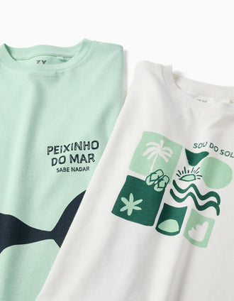 Pack of 2 cotton T-shirts with beach prints for boys, light green/white
