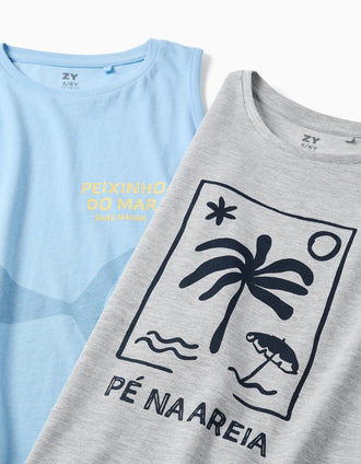 Pack of 2 cotton tank tops with beach prints for boys, grey/blue