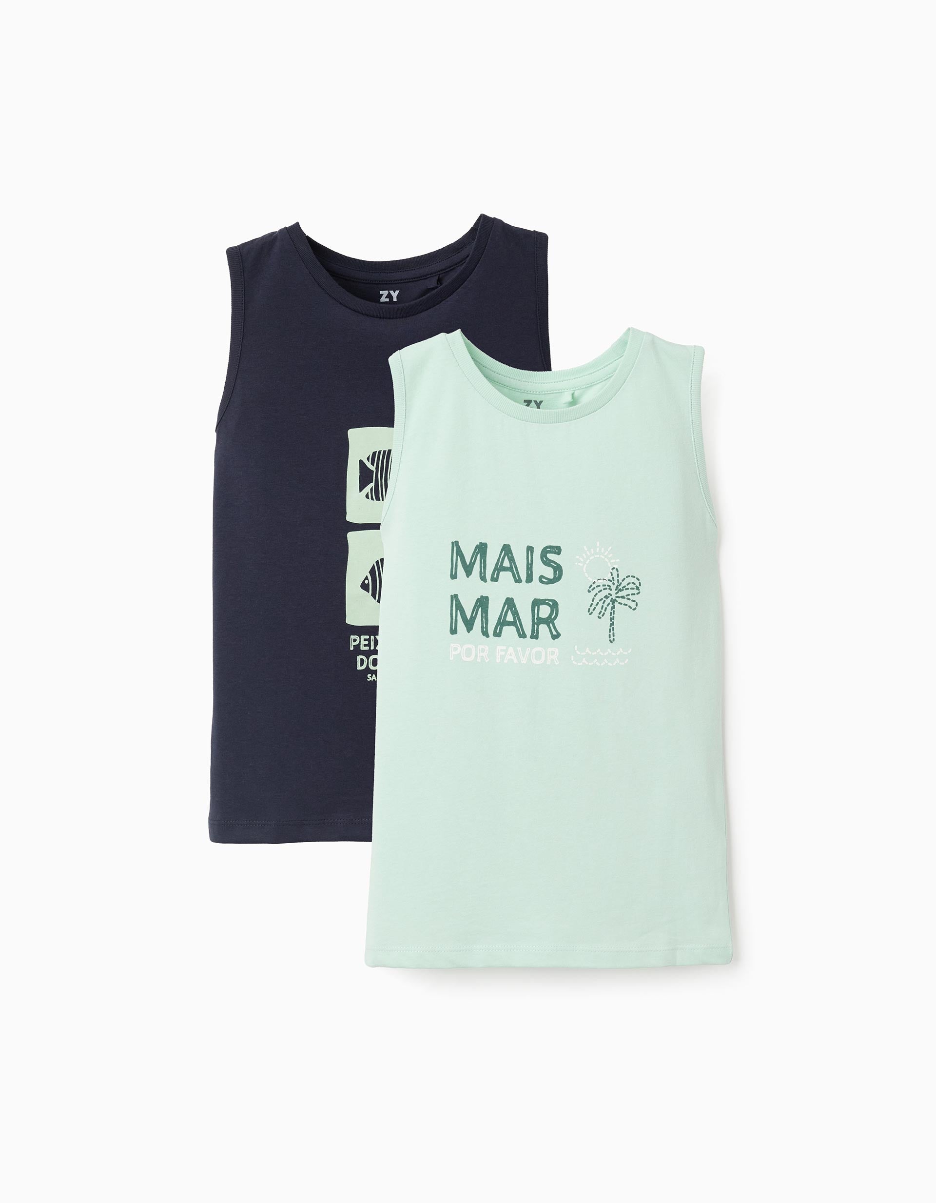 Pack of 2 cotton tank tops with beach prints for boys, blue/green