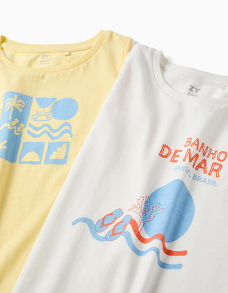 Pack of 2 cotton tank tops with beach prints for boys, yellow/white