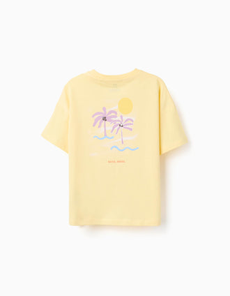 Cotton T-shirt with Banho de Mar print for boys, yellow