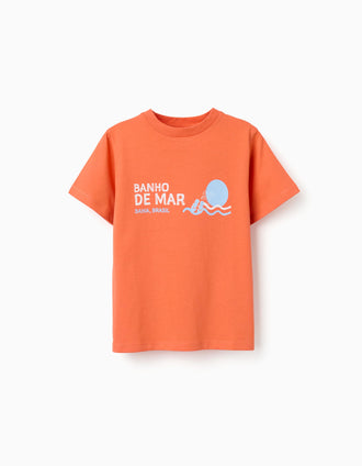 Cotton T-shirt with Banho de Mar print for boys, orange