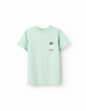Cotton T-shirt with Peixinho do Mar print for boys, light green