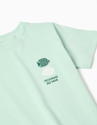 Cotton T-shirt with Peixinho do Mar print for boys, light green