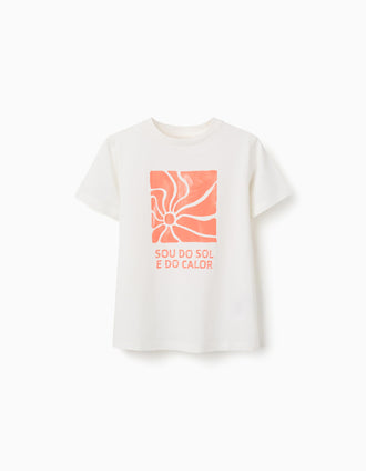 Cotton T-shirt with Sou do Sol print for boys, white/orange