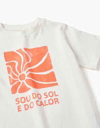 Cotton T-shirt with Sou do Sol print for boys, white/orange