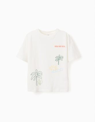 Camiseta de algodón con estampado Sou do Sol para niño, blanco