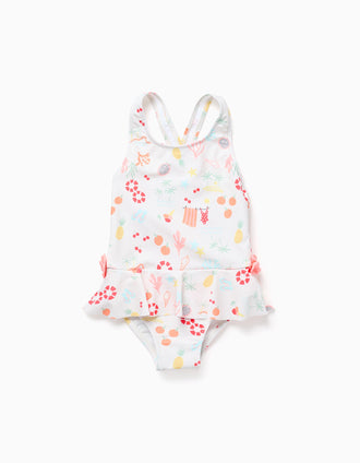 Maillot de bain avec motif de plage et doublure pour bébé fille, blanc