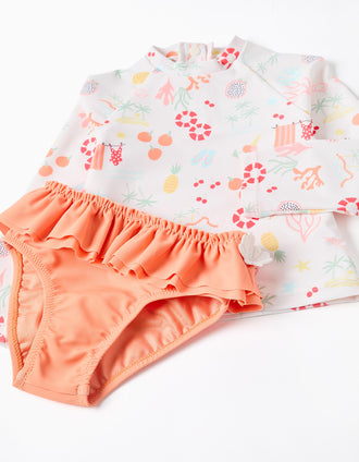 Ensemble de bain à protection UV 40+ pour bébé et fille, blanc/orange