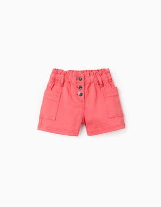 Twill shorts with cargo pockets for baby girls, coral