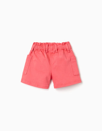 Twill shorts with cargo pockets for baby girls, coral