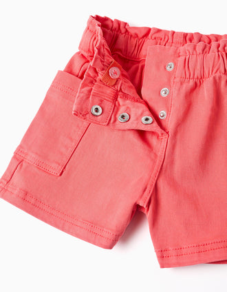 Twill shorts with cargo pockets for baby girls, coral