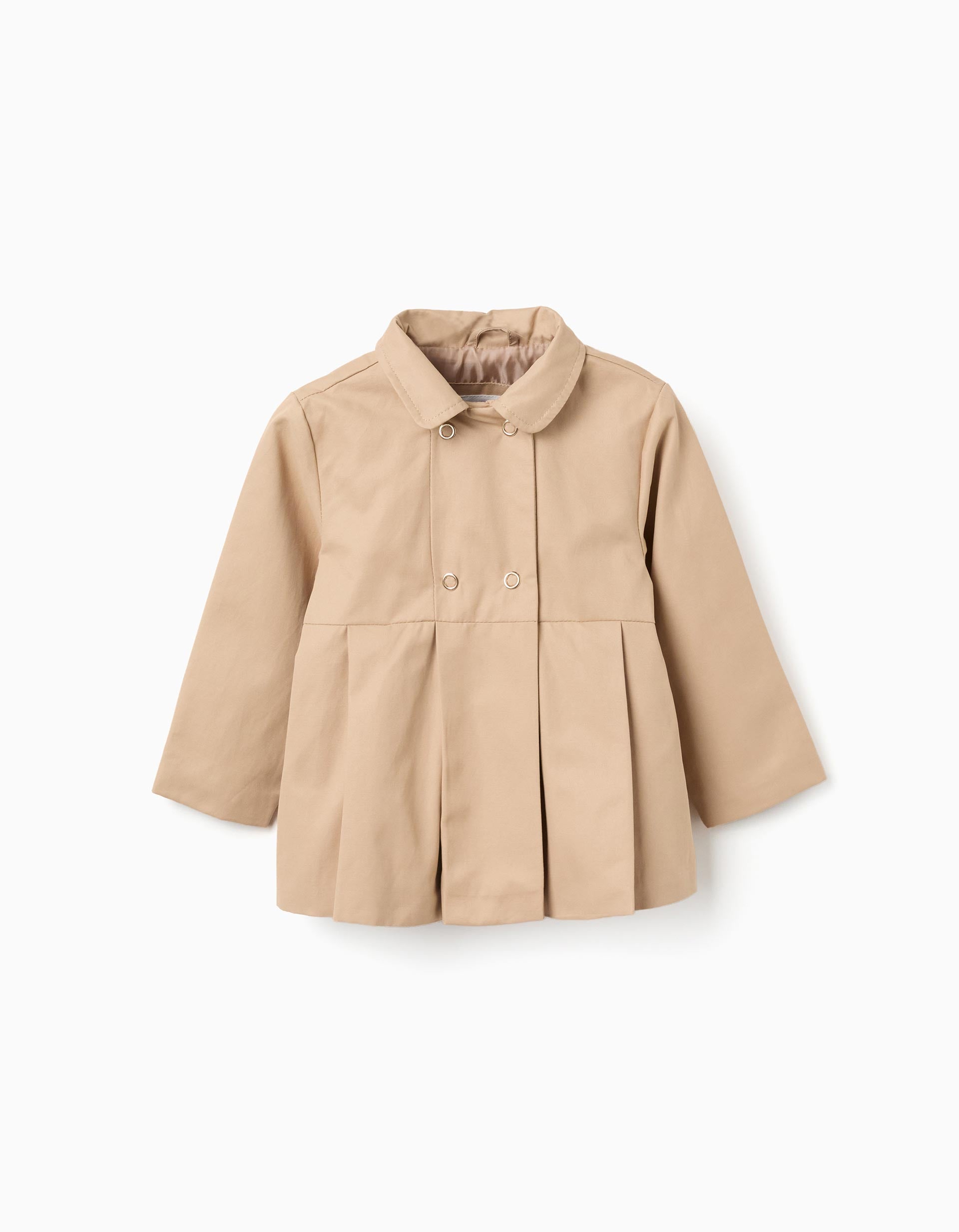 Parka with pleats and removable hood for baby girls, beige