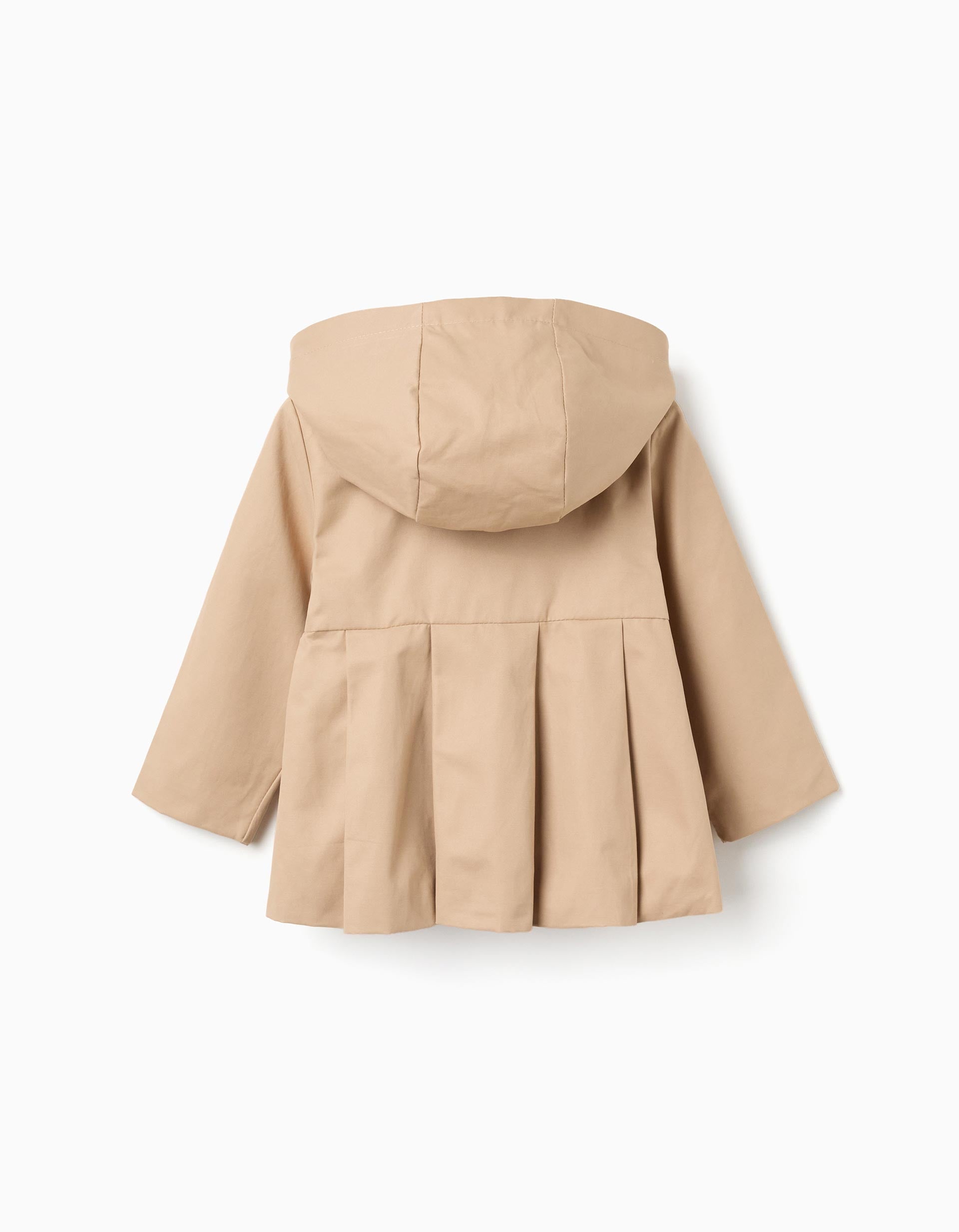 Parka with pleats and removable hood for baby girls, beige