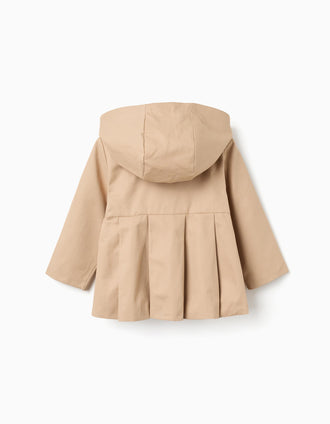 Parka with pleats and removable hood for baby girls, beige