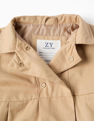 Parka with pleats and removable hood for baby girls, beige