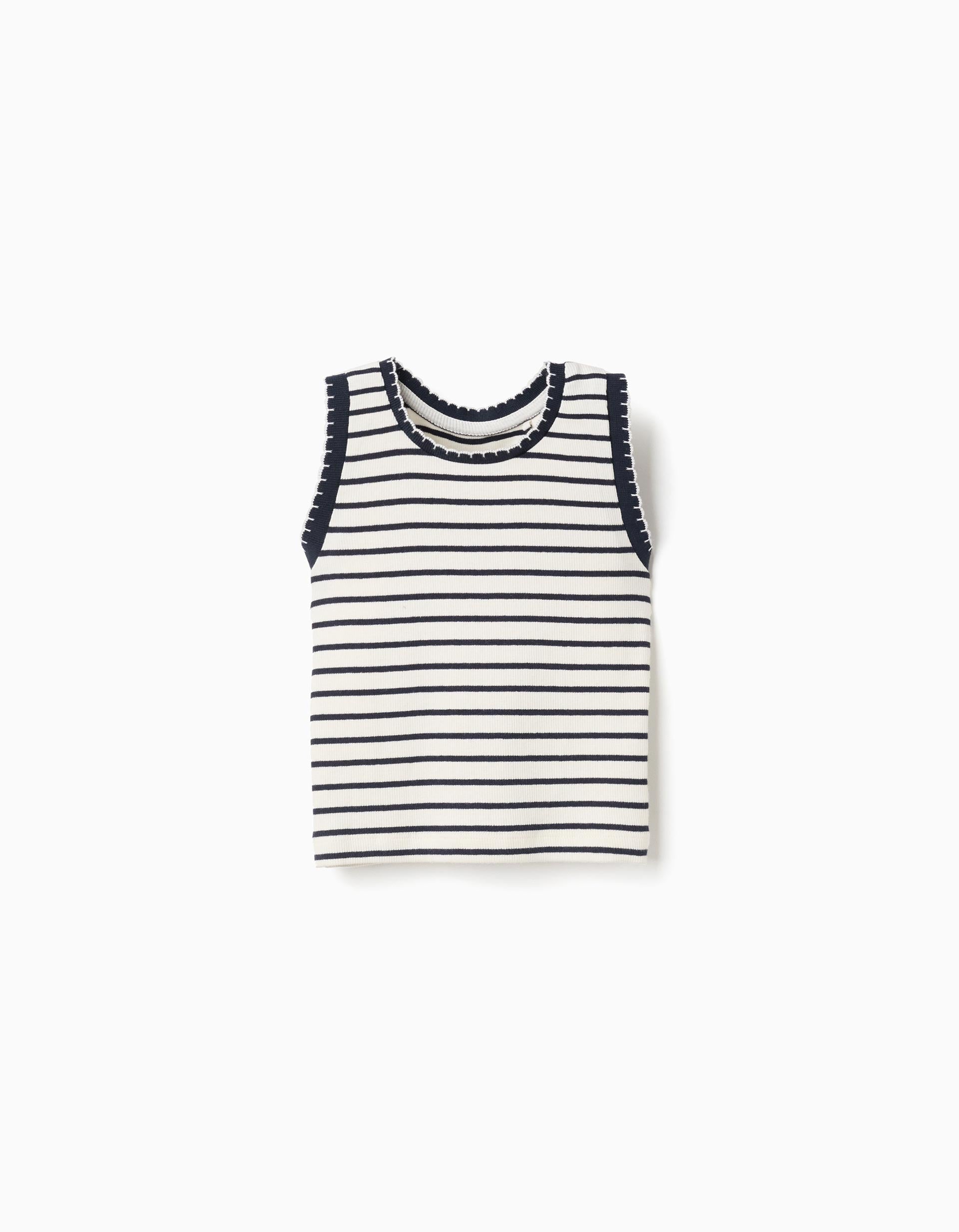 Sleeveless ribbed cotton top with stripes for girls, white/dark blue