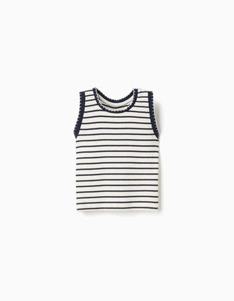 Sleeveless ribbed cotton top with stripes for girls, white/dark blue