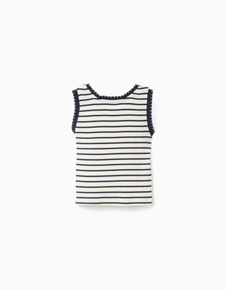 Sleeveless ribbed cotton top with stripes for girls, white/dark blue