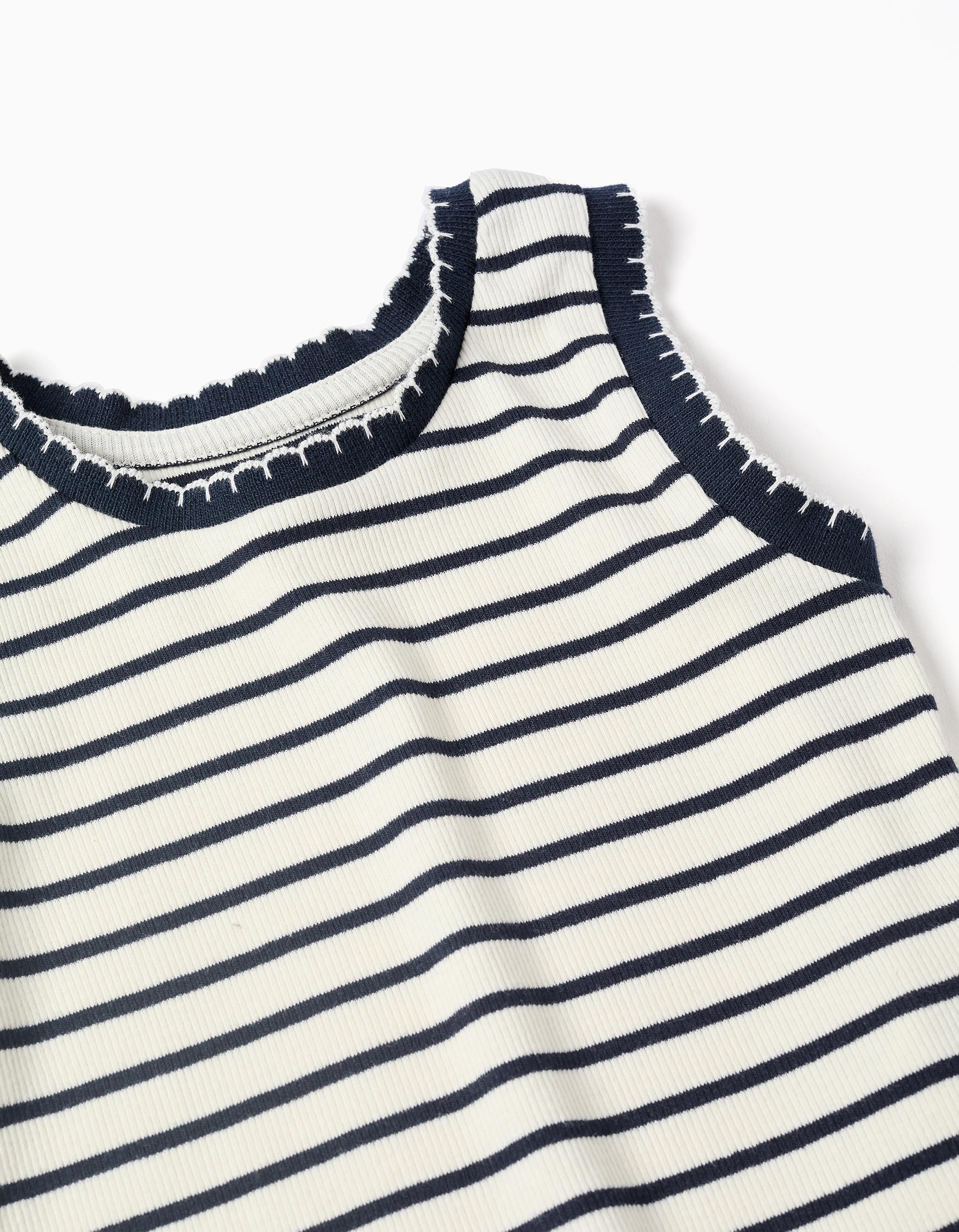 Sleeveless ribbed cotton top with stripes for girls, white/dark blue