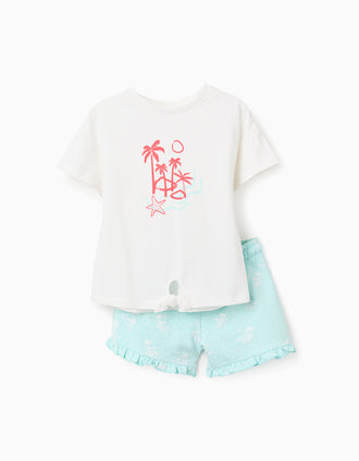 Cotton T-shirt + shorts with palm trees prints for girls, white/blue