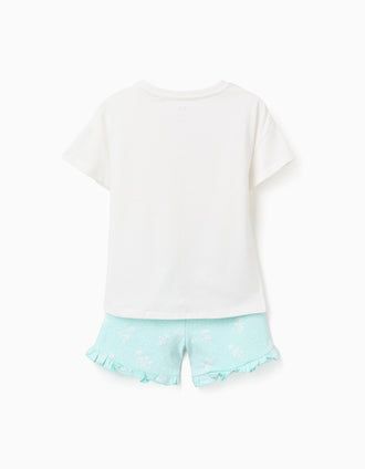 Cotton T-shirt + shorts with palm trees prints for girls, white/blue