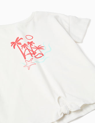 Cotton T-shirt + shorts with palm trees prints for girls, white/blue