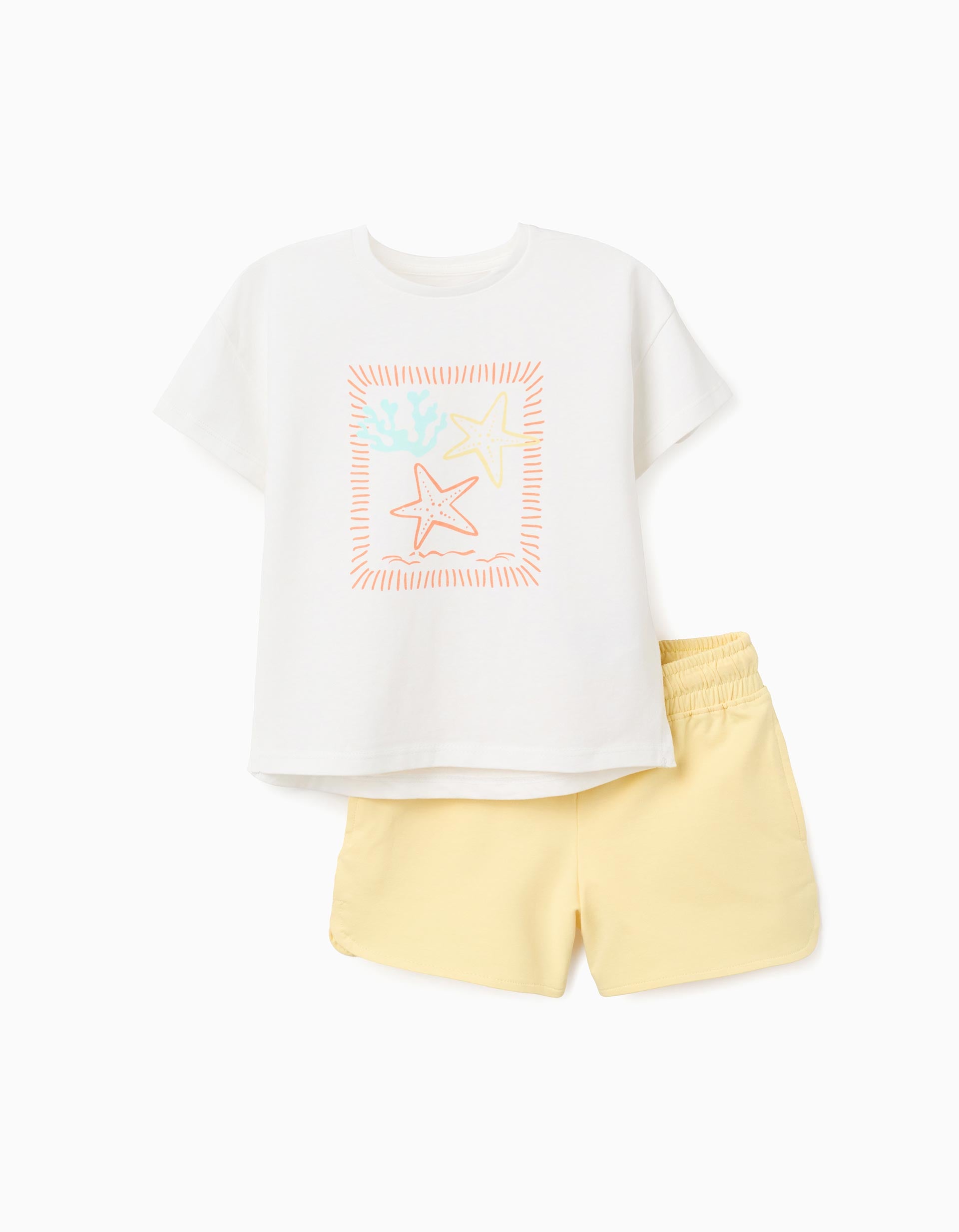 T-shirt à imprimé étoiles de mer + short en coton pour fille, blanc/jaune